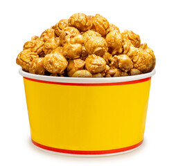 Caramel-coated popcorn in papper bucket Isolate on white background with clipping path.