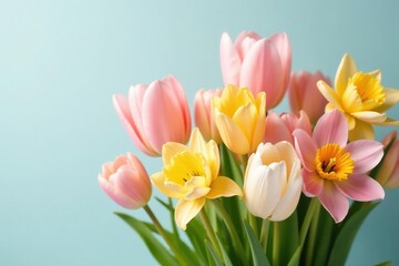Vibrant pastel tulips, lilies, and daffodils in a spring Easter arrangement , spring bouquet, Easter decorations