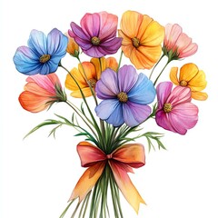 Vibrant Watercolor Cosmos Bouquet with Orange Ribbon