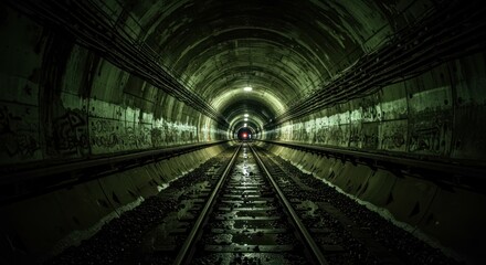 Fototapeta premium Dark subway tunnel with train approaching on the tracks.