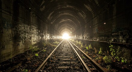 Railroad tracks lead into a dark tunnel with a bright light at the end.