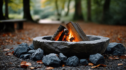 Crackling fire within a stone fire pit outdoors