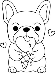 Cute French bulldog holding ice cream cone, expressing joy and playfulness