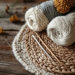 Obraz premium Cozy knitting supplies on a wooden table. Yarn balls, needles, and a knitted placemat