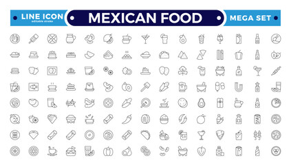 Mexican Food outline icons. Fast food vector icon line set. Burger sandwich pizza hot dog cola coffee sweets. Editable stroke outline icon.
