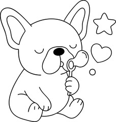Cute French bulldog blowing bubbles, expressing joy and playfulness