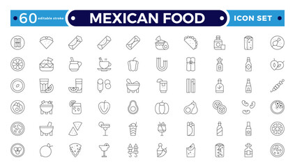 Mexican Food outline icons. Fast food vector icon line set. Burger sandwich pizza hot dog cola coffee sweets. Editable stroke outline icon.
