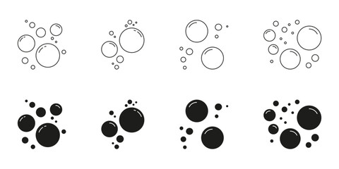 Bubble Cluster And Soap Foam Line And Solid Icon Set. Floating Air Bubbles And Water Droplets Symbol Collection. Isolated Vector Illustration