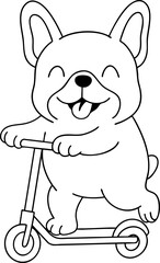 Cute French bulldog riding scooter, showcasing joy and playfulness