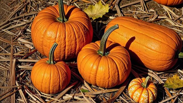 Vibrant pumpkins arranged on straw background  