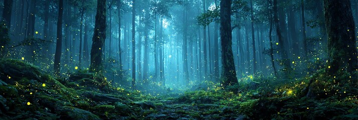 A magical green forest illuminated by floating, glowing fireflies at twilight, creating a dreamy, enchanting natural scene full of wonder and peace.