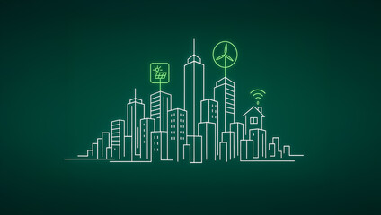 Fototapeta premium Green-themed city skyline outline with clean energy symbols such as solar, wind, and smart home connectivity icons for sustainability messaging.