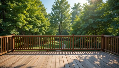 Fototapeta premium A serene view from a wooden deck offers a glimpse into a lush green garden, with sunlight filtering