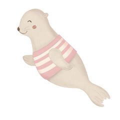 Cute cartoon baby seal in pink striped swimsuit isolated on transparent background. Hand-drawn nursery animal illustration for kids design, children clothes print, sticker, clipart, and baby products.