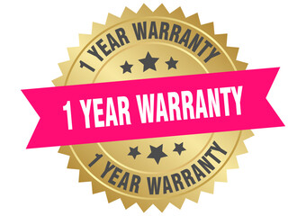1 year warranty. 1 year warranty round pink and gold label isolated on transparent background