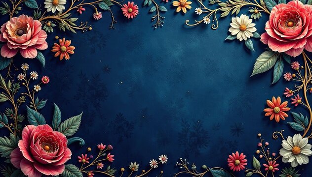 Fototapeta Intricate floral damask with gold accents on navy , pattern, texture, event