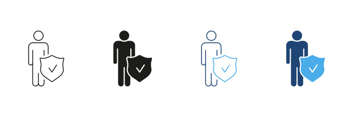 Man with Shield and Checkmark Line and Silhouette Icon Set. Security and Protection Symbol. Editable Stroke. Isolated Vector Illustration