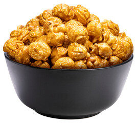 Caramel-coated popcorn in black bowl Isolate on white background  PNG file.