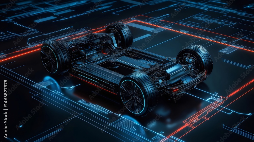 Poster 青と赤の回路を備えた未来的な電気自動車シャーシのデジタル抽象表現