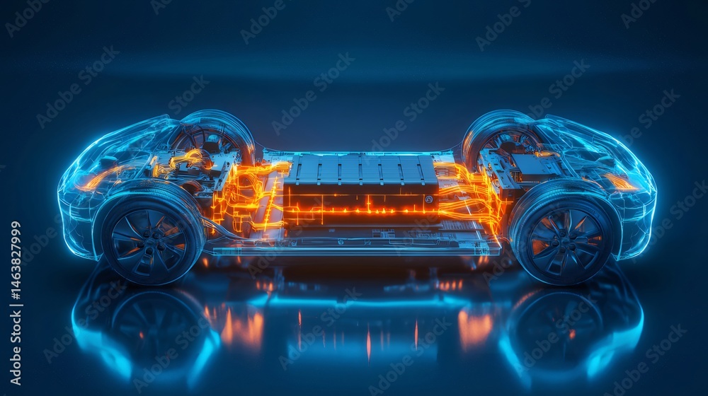Poster 青とオレンジの照明で描かれた透明な電気自動車の断面図 未来的な技術デザインの青い背景