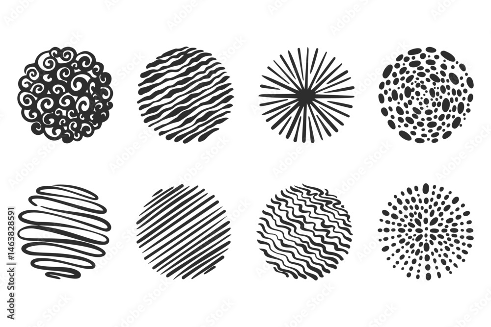 Poster textured circles with patterns. abstract vector hand drawn graphic in rounds. scribble design with d