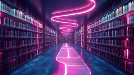 A futuristic library of self-improvement books with a glowing personal roadmap 