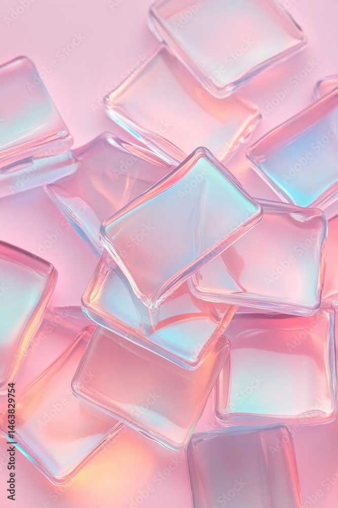 Poster clear blocks scattered on plain pink surface. light shines through objects creating iridescent color