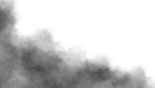 A grayscale depiction of smoke or fog drifting across a white background in the lower left corner