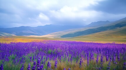 Purple flower field with mountain view