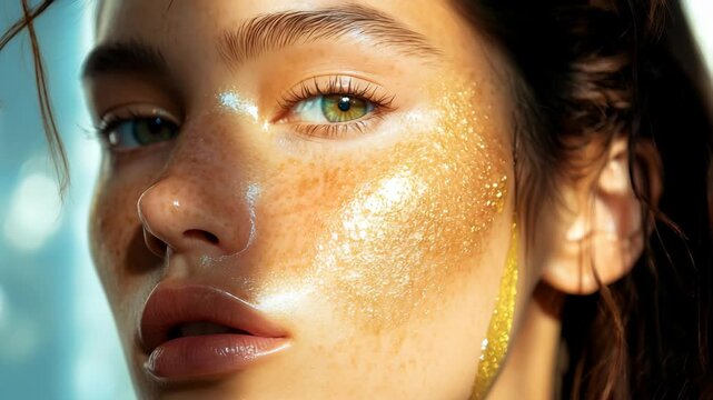 A close-up portrait of a young woman with glowing, dewy skin and golden highlights, showcasing natural beauty, skincare texture, and healthy complexion in soft natural light.