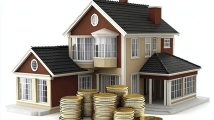 Home Ownership and Investment.  A two-story house with a detached garage sits next to a pile of gold coins, signifying the financial aspect of real estate