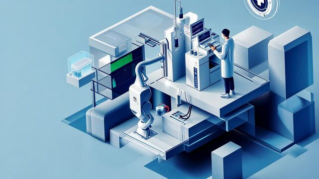 Isometric view of a futuristic medical lab with robotic arm and scientist, a technological approach to healthcare and innovation