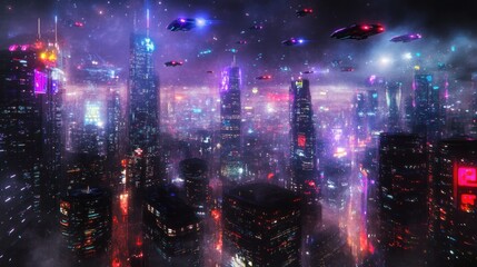 Fototapeta premium Futuristic city night flying vehicles neon lights