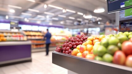 Fresh fruits displayed prominently in a grocery store with shoppers browsing in the background