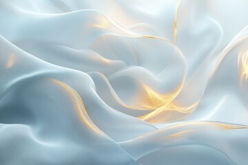Fototapeta premium White, flowing fabric with golden highlights, abstract and ethereal. Use for backgrounds needing soft elegance and luxury.