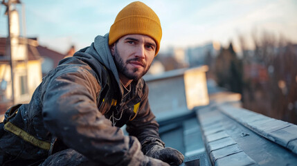 Chimney sweep worker working on a rooftop