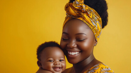 Portrait of happy african mom and baby bonding and smiling together. Beautiful photo, poster for mother’s day. Happy family. Young woman with child, wearing colorful clothing.