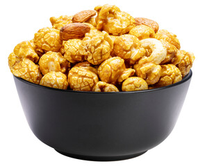 Caramel-coated popcorn with nuts, almonds, and cashew nuts in black bowl on white background PNG FILE.