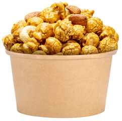 Caramel-coated popcorn with nuts, almonds, and cashew nuts in papper bucket on white background PNG FILE.