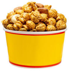 Caramel-coated popcorn with nuts, almonds, and cashew nuts in papper bucket on white background PNG FILE.