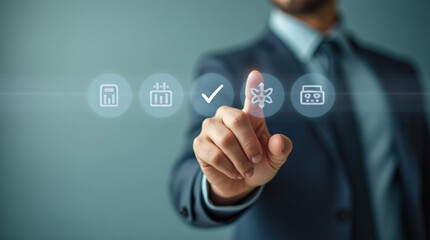 A businessman&rsquo;s hand touches a checkmark flag on a checklist. Concept of decision making, business success, verification, and task completion. Isolated on light background.