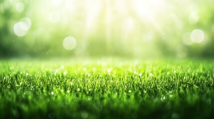 Obraz premium Dewy green grass field sunlight background