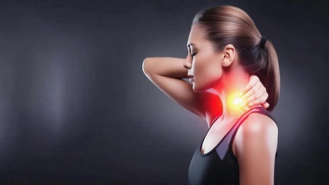 Woman holding her neck in pain against dark grey background, showing stress and discomfort linked to neck pain, back pain, illness