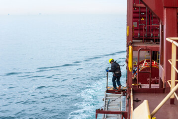 A deckhand prepares the pilot ladder as the ship readies for port entry. Secured in a safety...