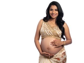 Pregnant woman posing with her belly, isolated on a transparent background PNG