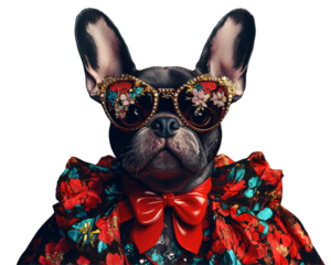 a dog wearing sunglasses and a red bowtie