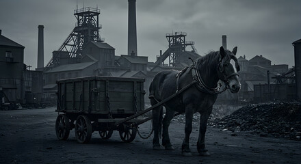 Horse pulling cart near factory buildings historical industrial scene