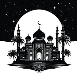 Majestic Mosque Under Night Sky Vector Silhouette Featuring a Grand Central Dome, Elegant Minarets, Crescent Moon, Stars, and Palm Trees