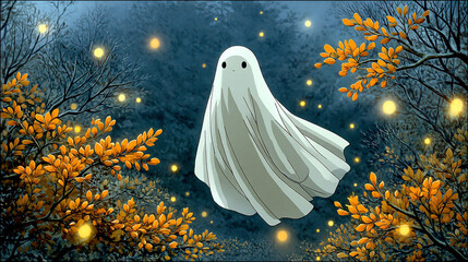 Forest ghost floats amidst autumn trees