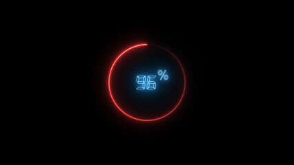 96 Number Digital percentage counter illustration. red circular bar. black background 4k video.